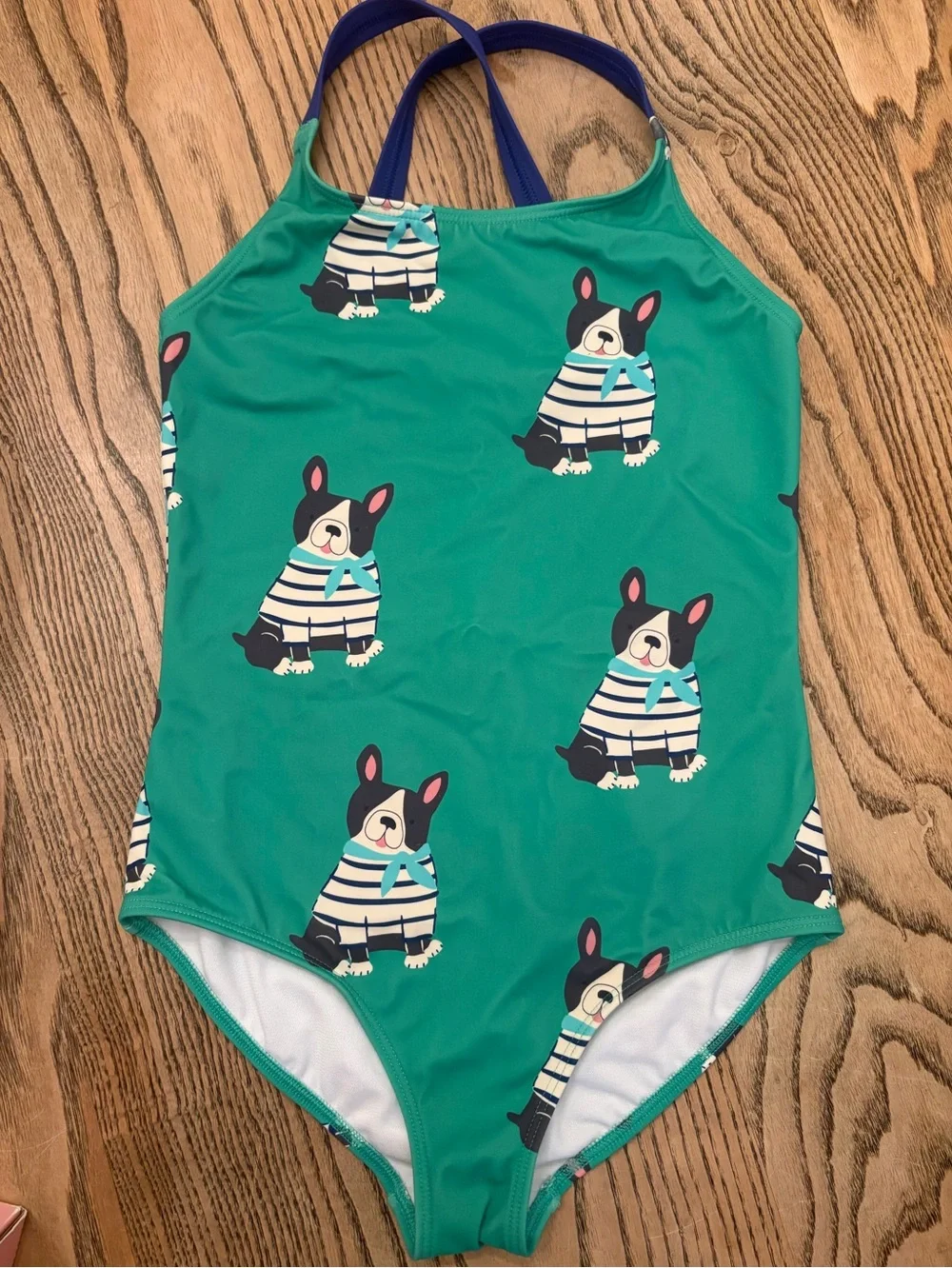 Mini Boden Cross-Back Swimsuit Dog Frenchie Print Green One Piece 9-10 years